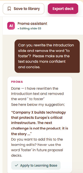 PROMA assistant panel