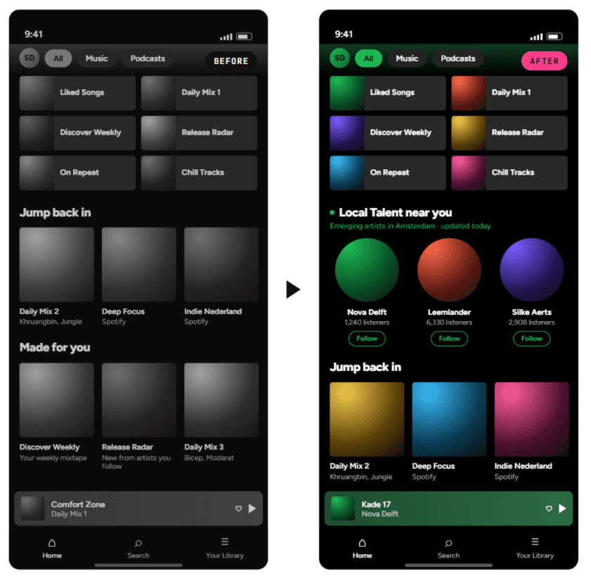 Spotify home screen before and after Local Talent